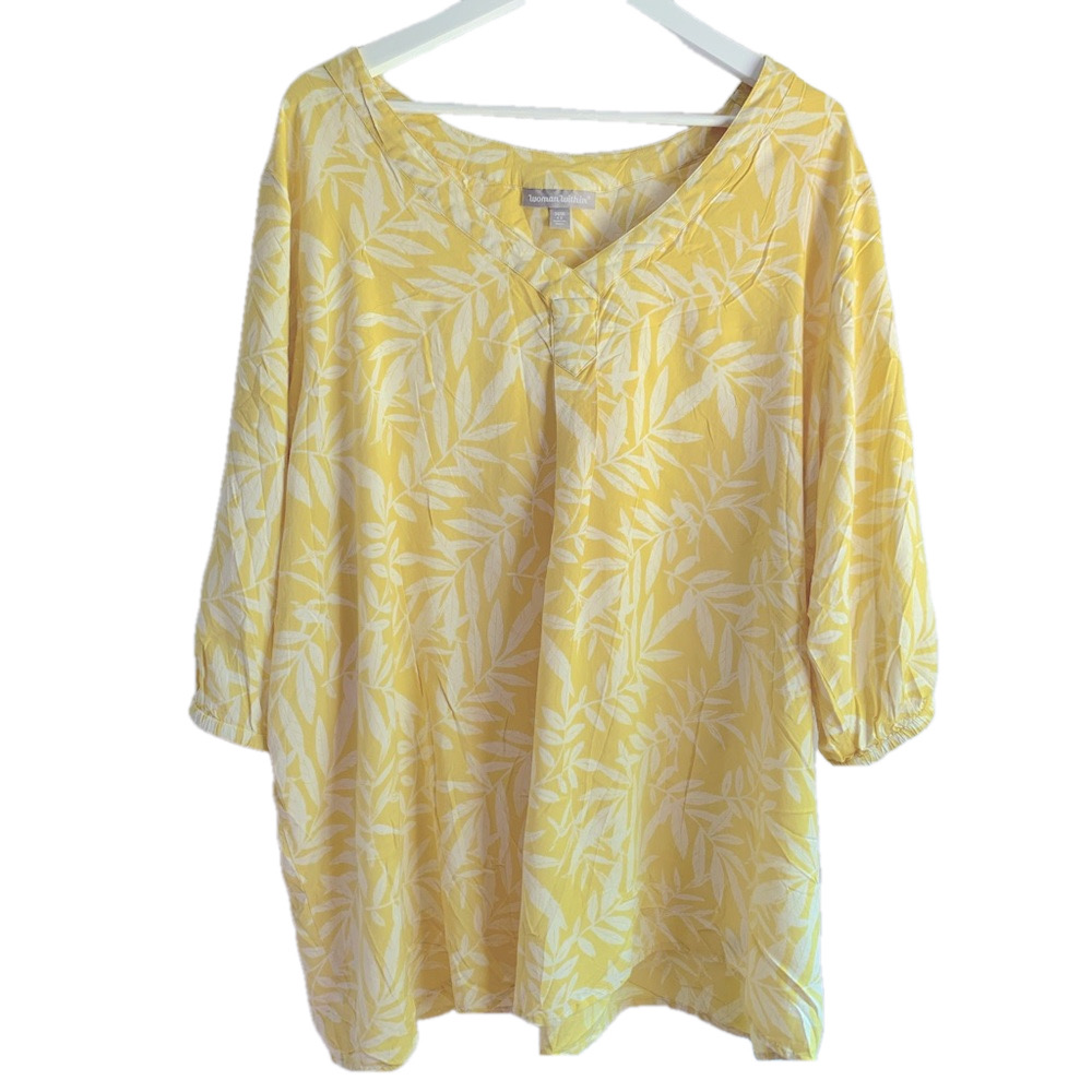Woman Within Yellow Tropical Leaf Print Tunic Top Plus Size 4X